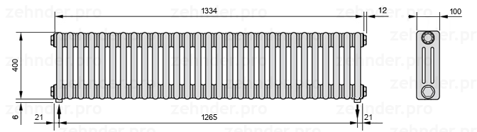 Схема (чертеж) Радиатор Zehnder Charleston 3040/29 №5310 Белый глянцевый RAL 9016